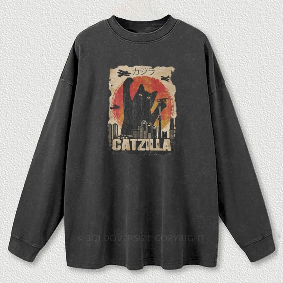 Vintage Catzilla Funny Black Cat Washed Long Sleeve Shirt