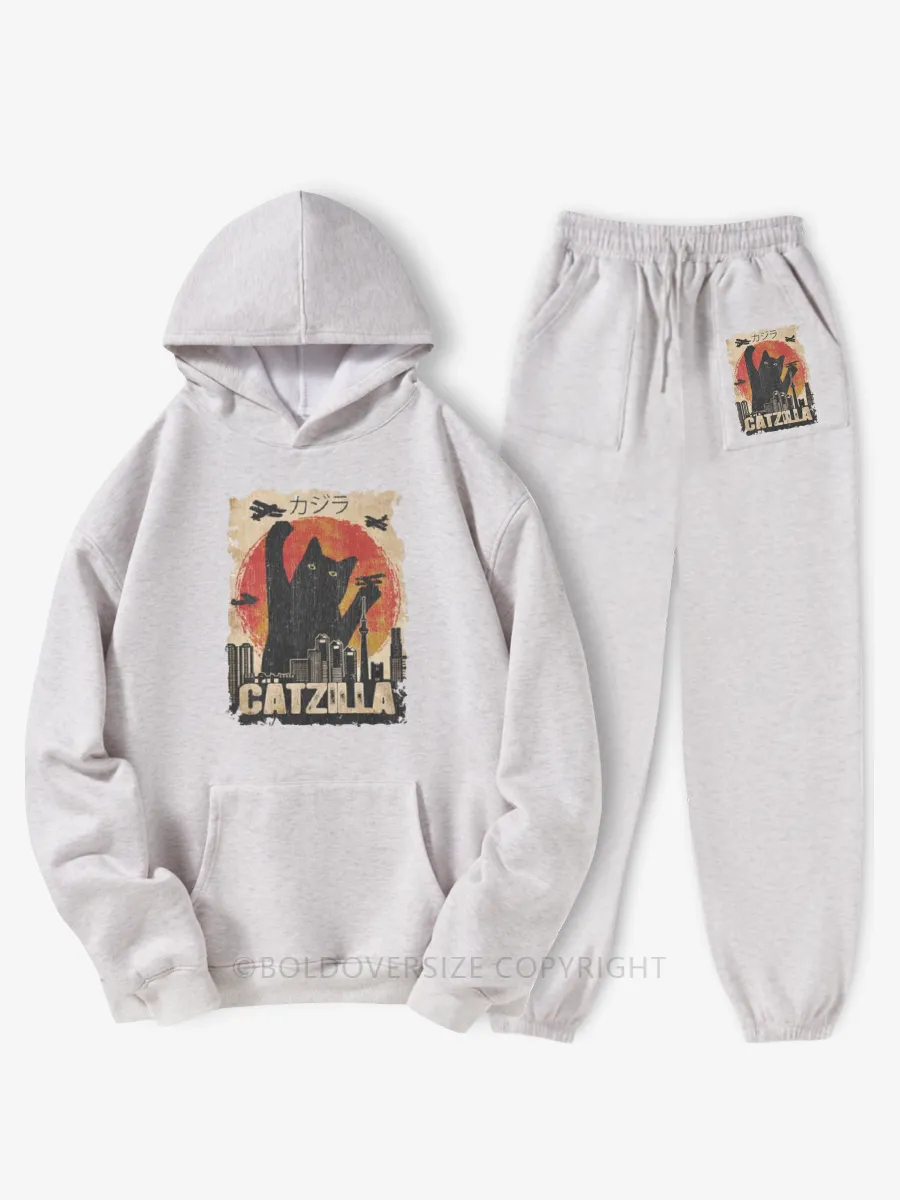Vintage Catzilla Funny Black Cat Hoodie Suit