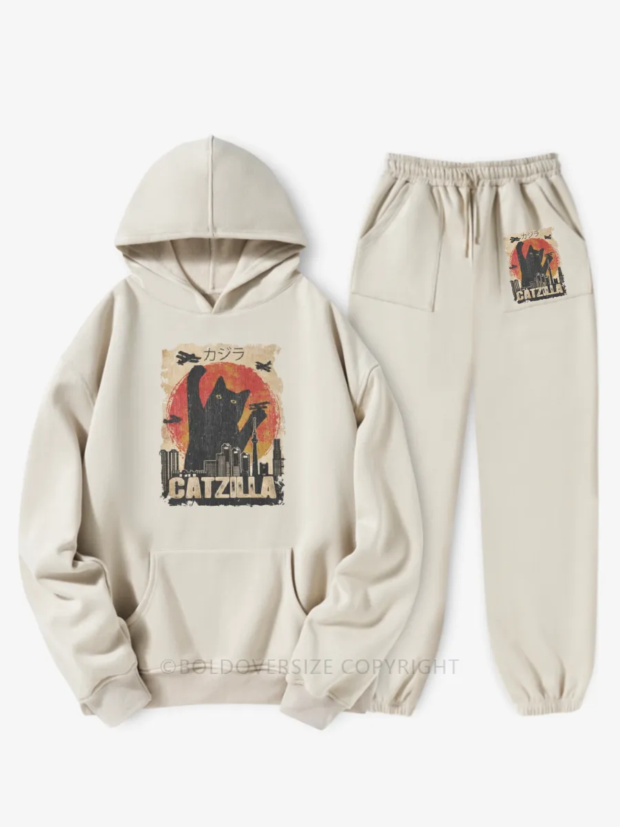 Vintage Catzilla Funny Black Cat Hoodie Suit