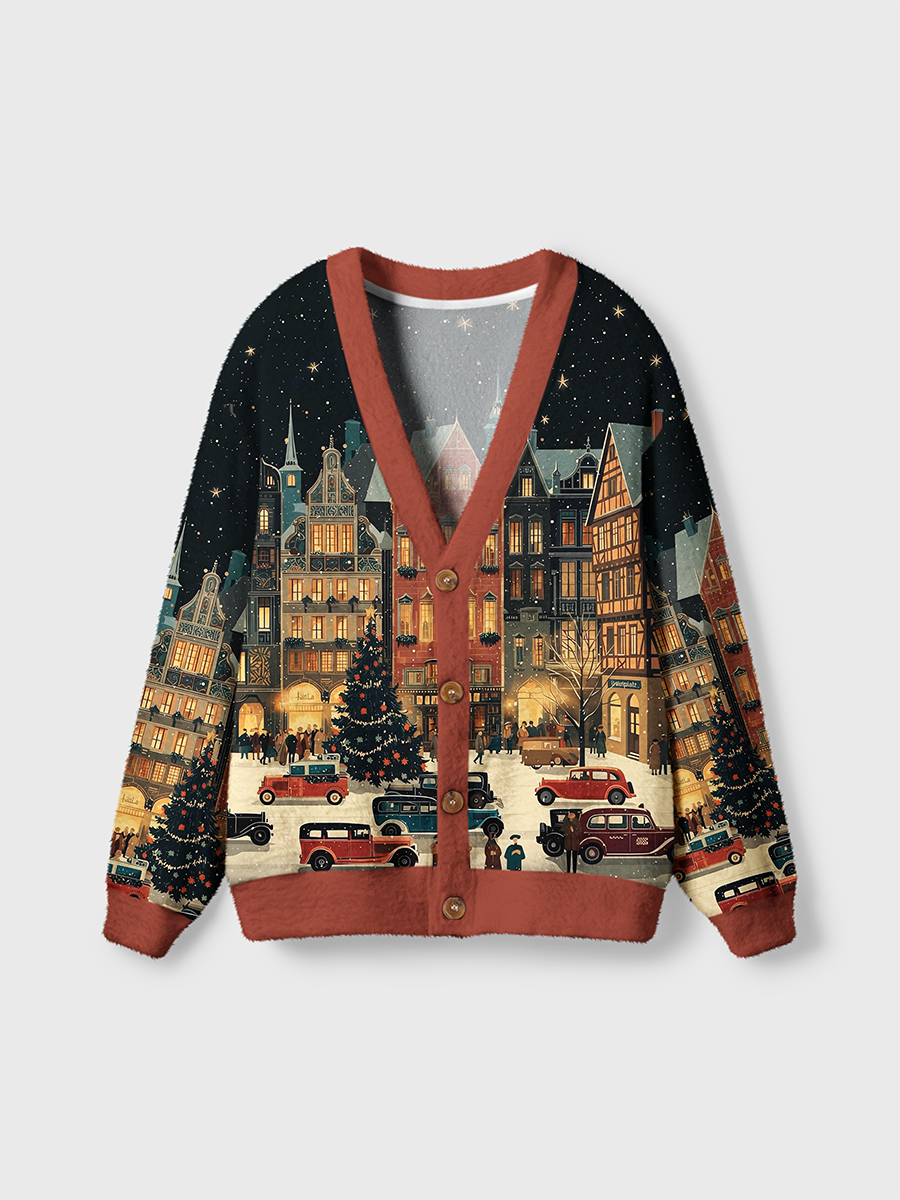 Vintage Vintage Town Christmas Night Scene Cardigan Sweaters