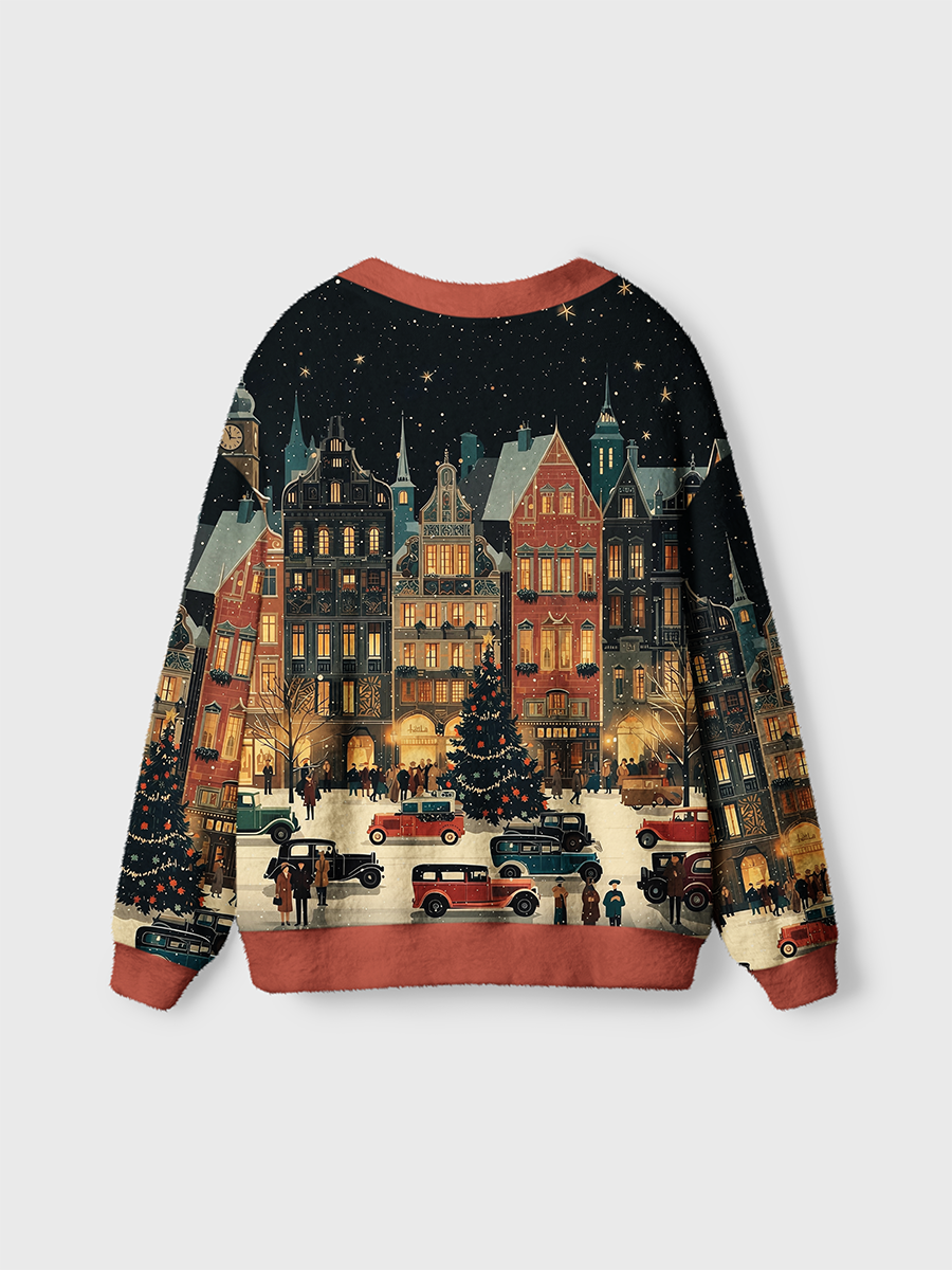 Vintage Vintage Town Christmas Night Scene Cardigan Sweaters