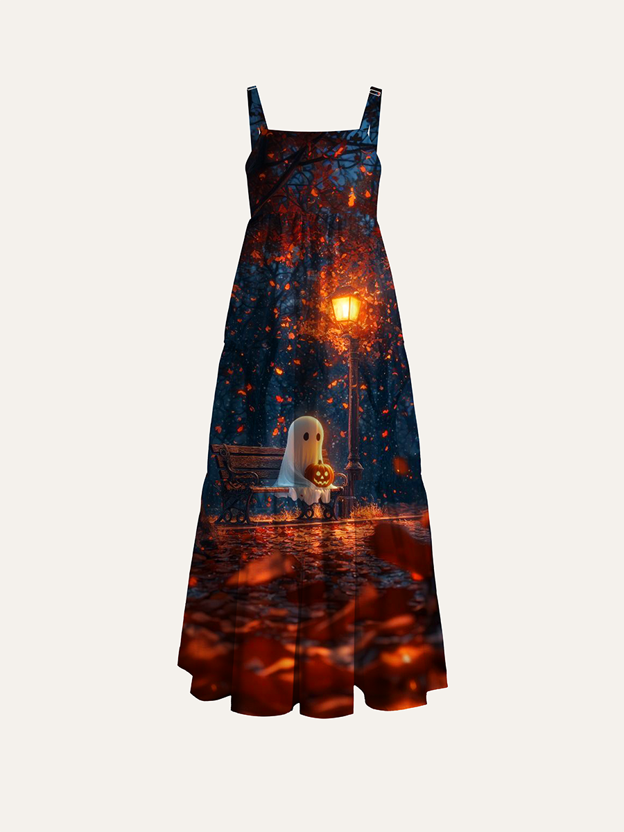 Cozy Ghost Halloween Landscape Adjustable Wide Straps Maxi Dress