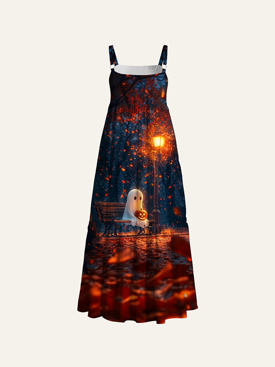 Cozy Ghost Halloween Landscape Adjustable Wide Straps Maxi Dress