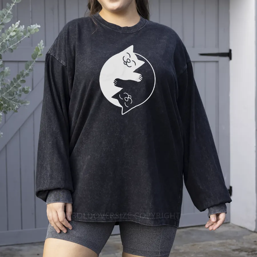 Vintage Yin Yang Cats Washed Long Sleeve Shirt
