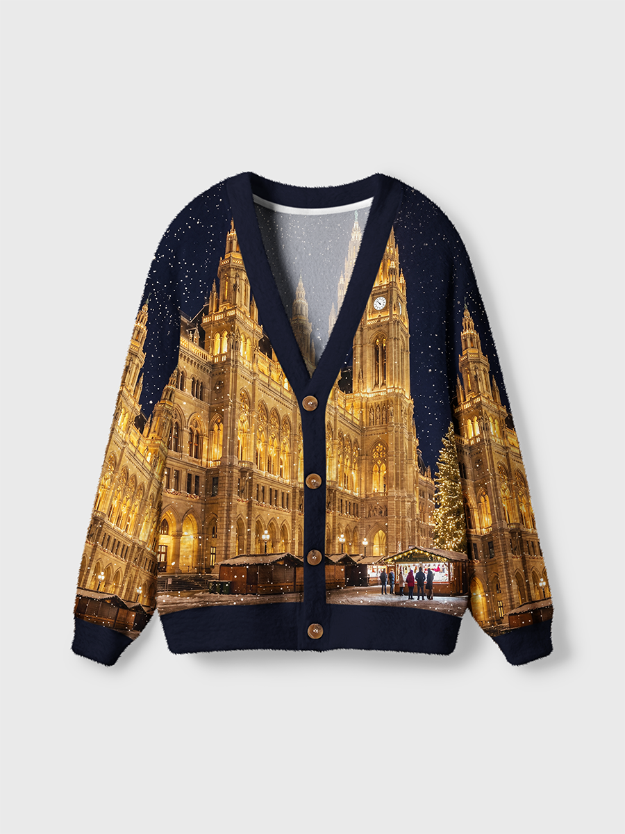 Vintage Christmas Night Scene Tree, and Market Stalls Cardigan Sweaters