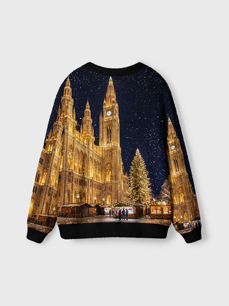 Vintage Christmas Night Scene Tree, and Market Stalls Cardigan Sweaters