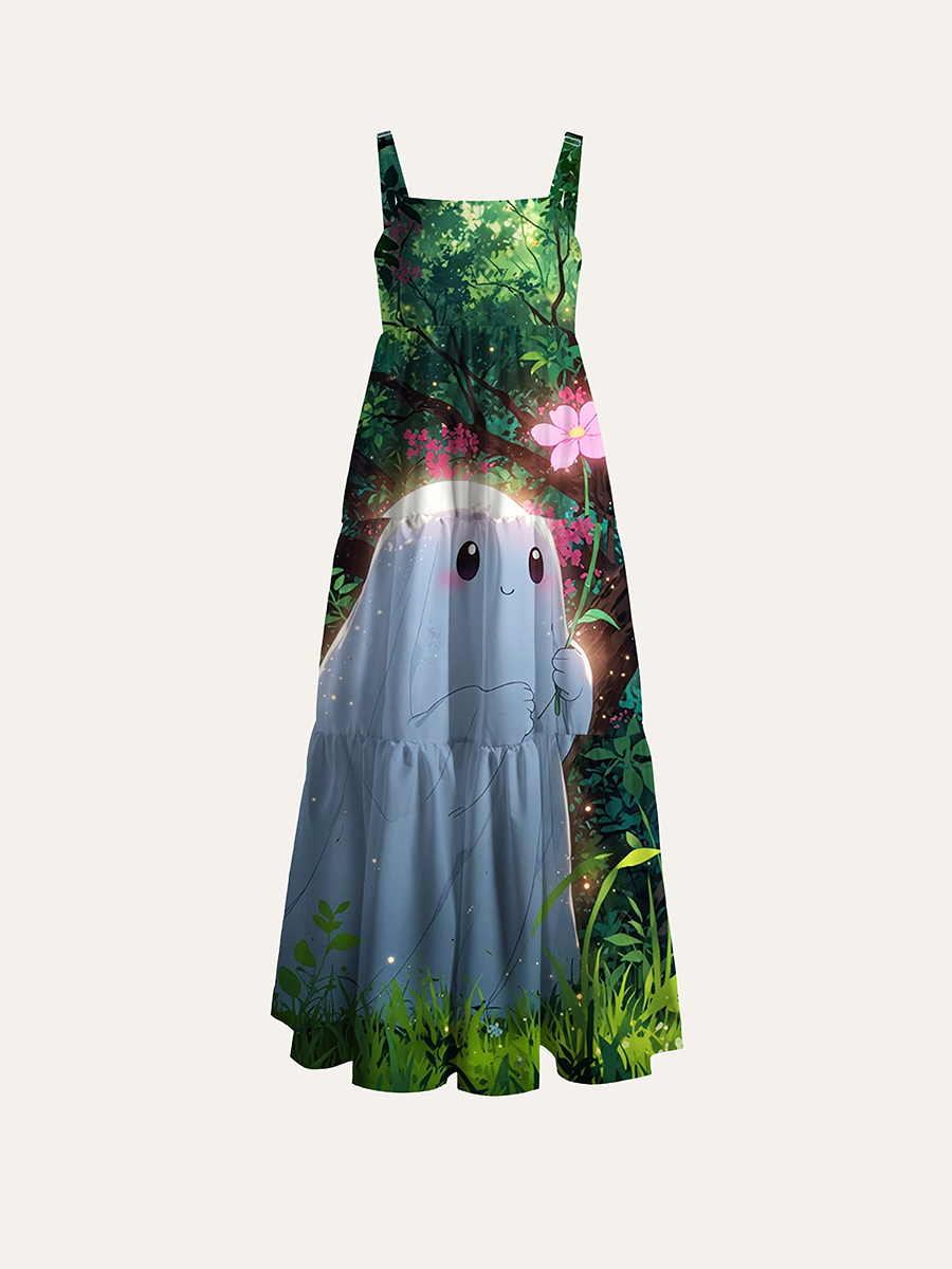 Anime Kawaii Flower Ghost Woodland Adjustable Wide Straps Maxi Dress