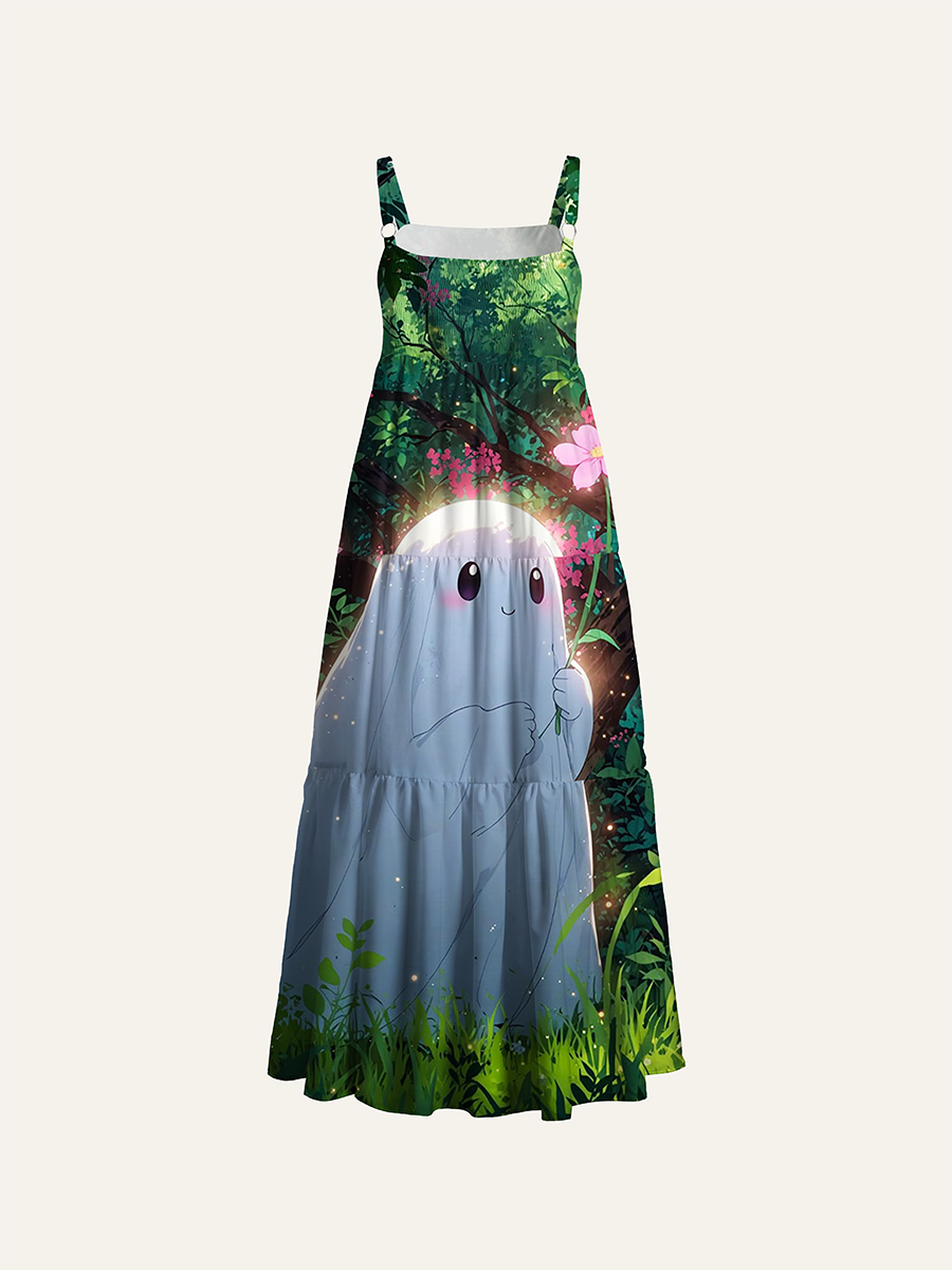 Anime Kawaii Flower Ghost Woodland Adjustable Wide Straps Maxi Dress