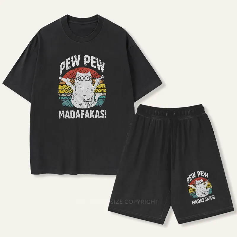 Vintage Funny Cat Pew Pew Gradient Washed Suit