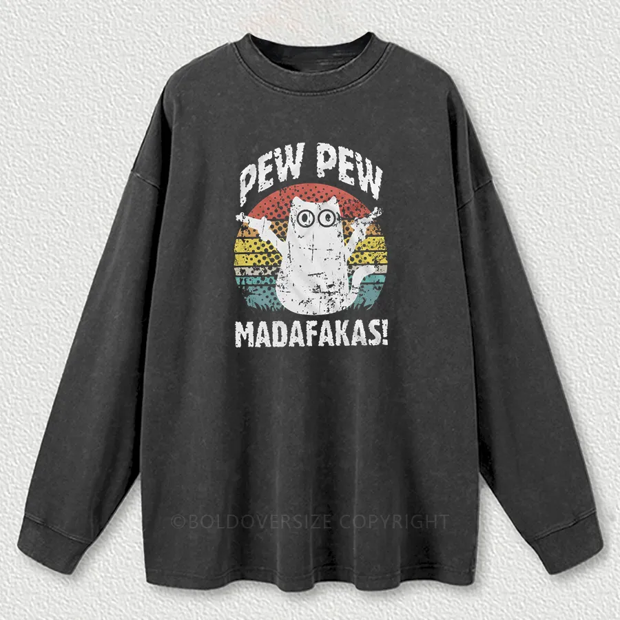 Vintage Funny Cat Pew Pew Washed Long Sleeve Shirt