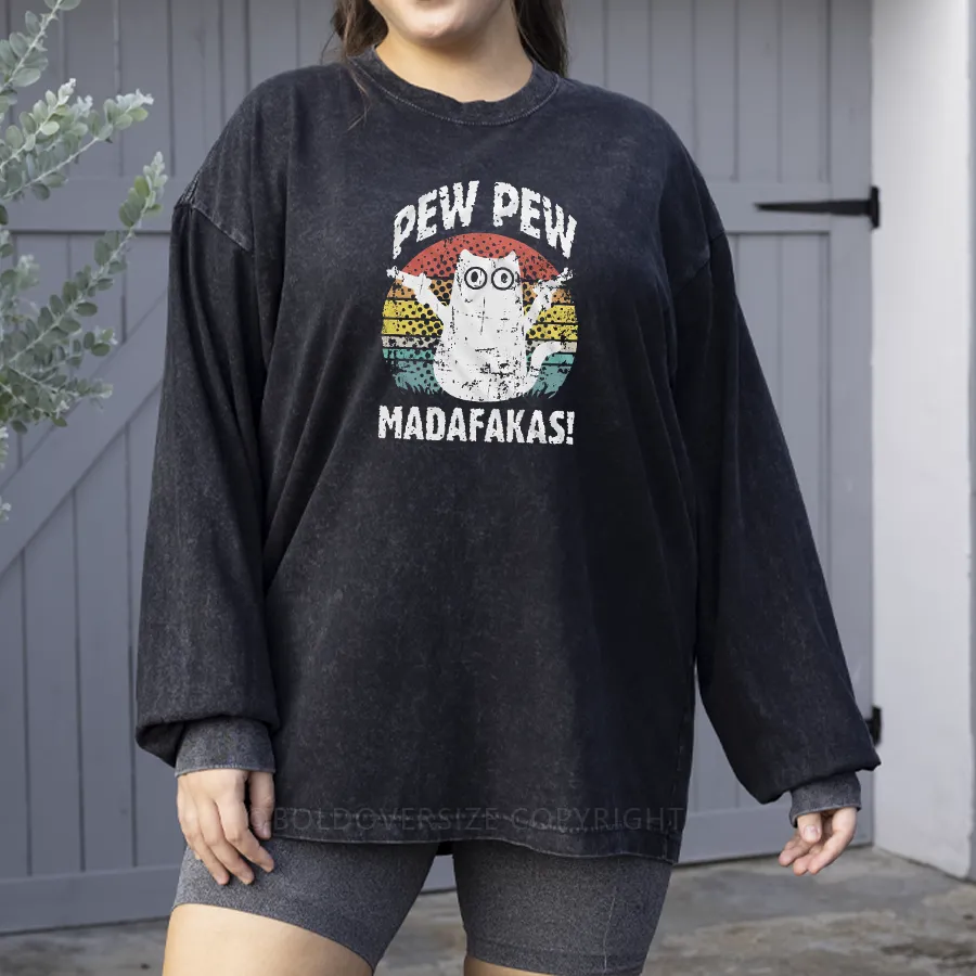 Vintage Funny Cat Pew Pew Washed Long Sleeve Shirt