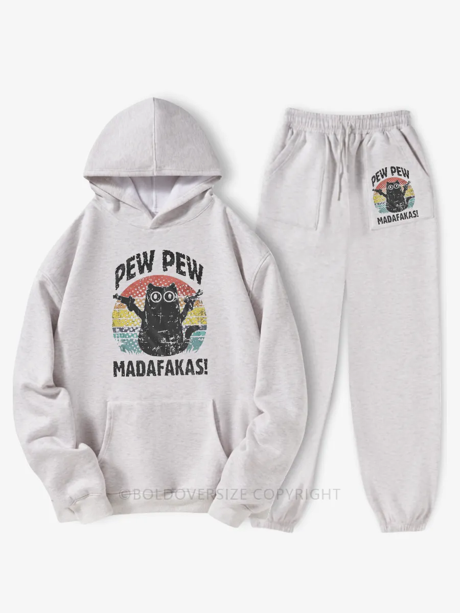 Vintage Funny Cat Pew Pew Hoodie Suit