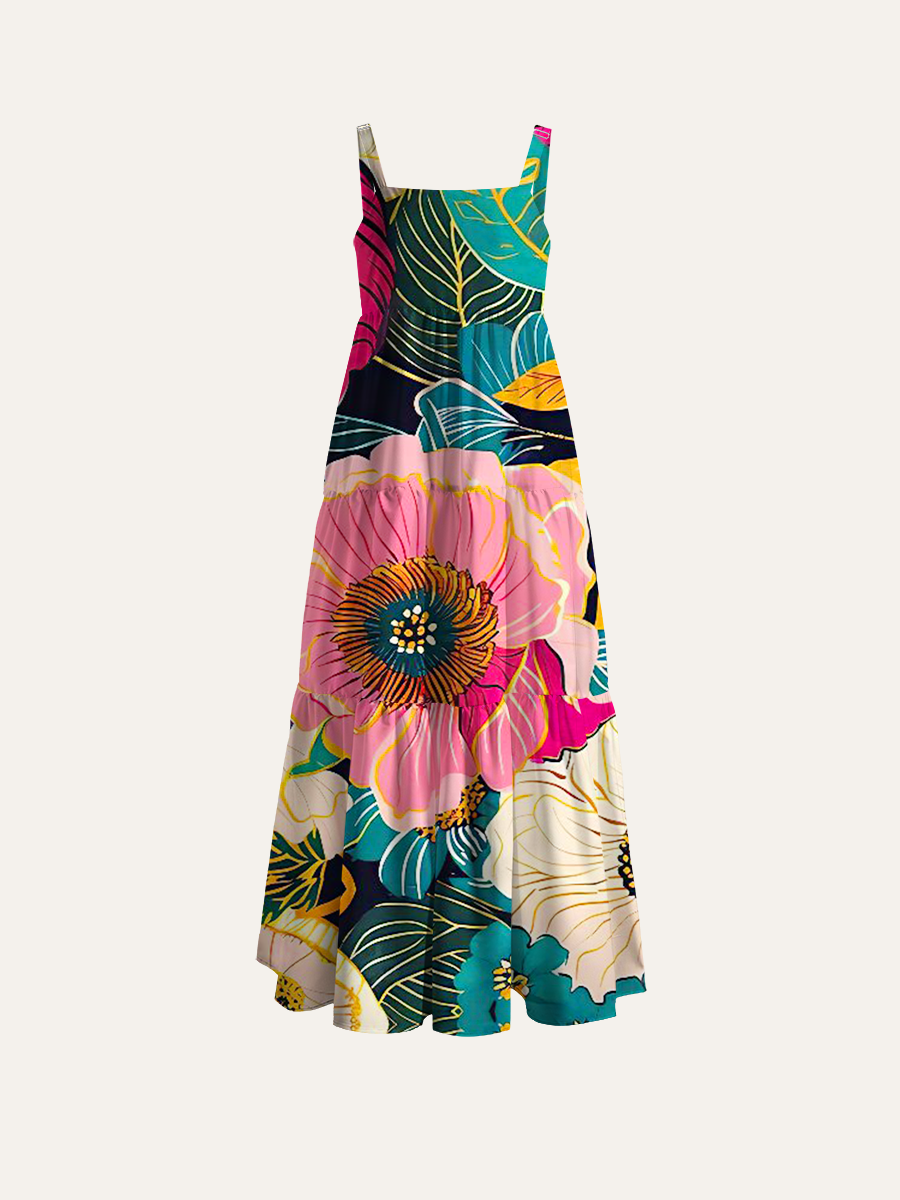 Vibrant Tropical Blooms Adjustable Wide Straps Maxi Dress