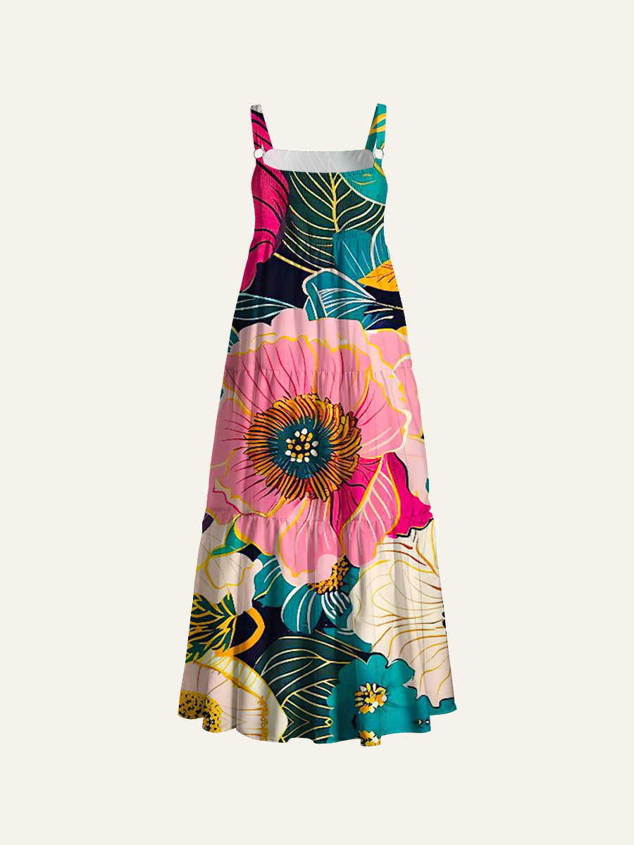 Vibrant Tropical Blooms Adjustable Wide Straps Maxi Dress