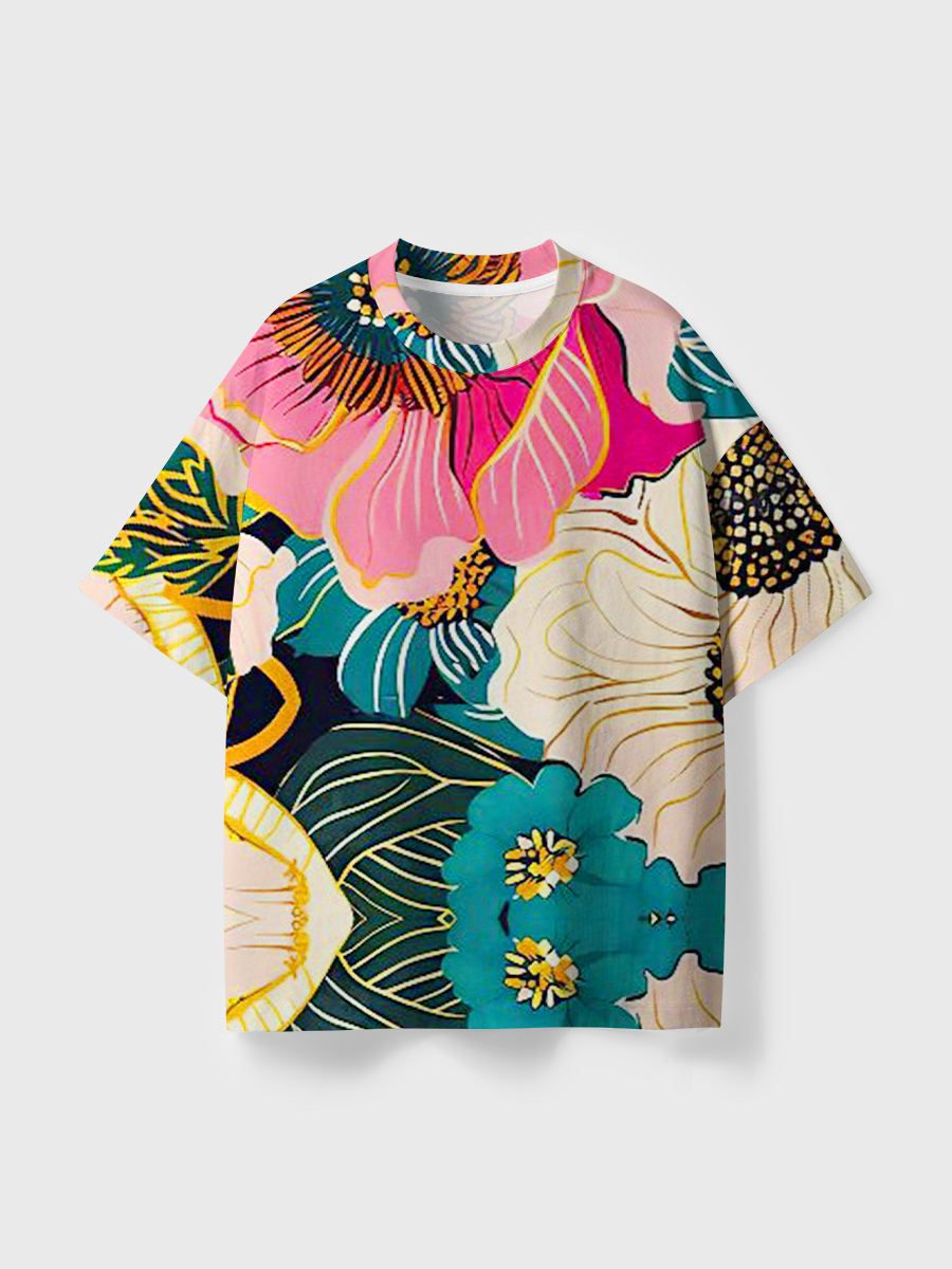 Vintage Vibrant Tropical Blooms All Over Print T-Shirt