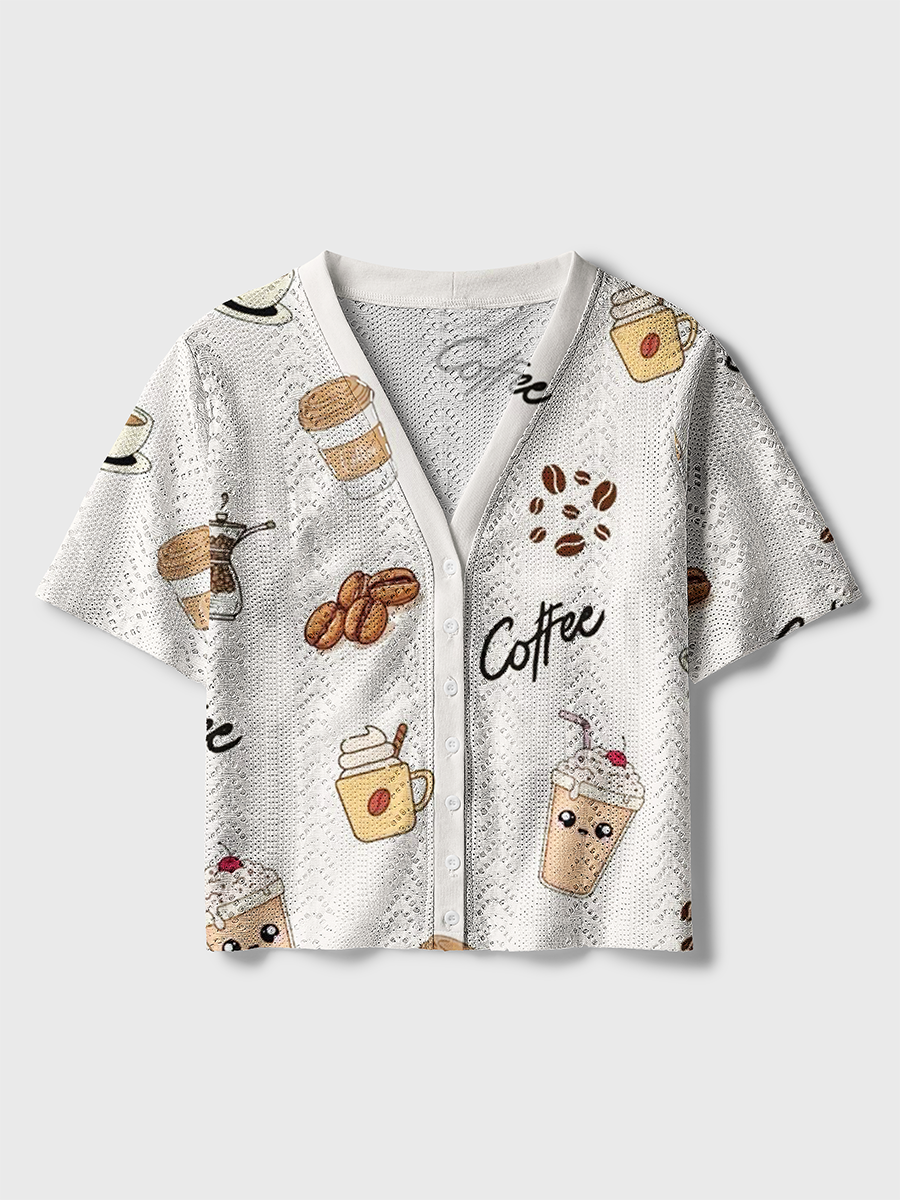 Beige Kawaii Cartoon Coffee Cup Crochet Button Down Cardigan
