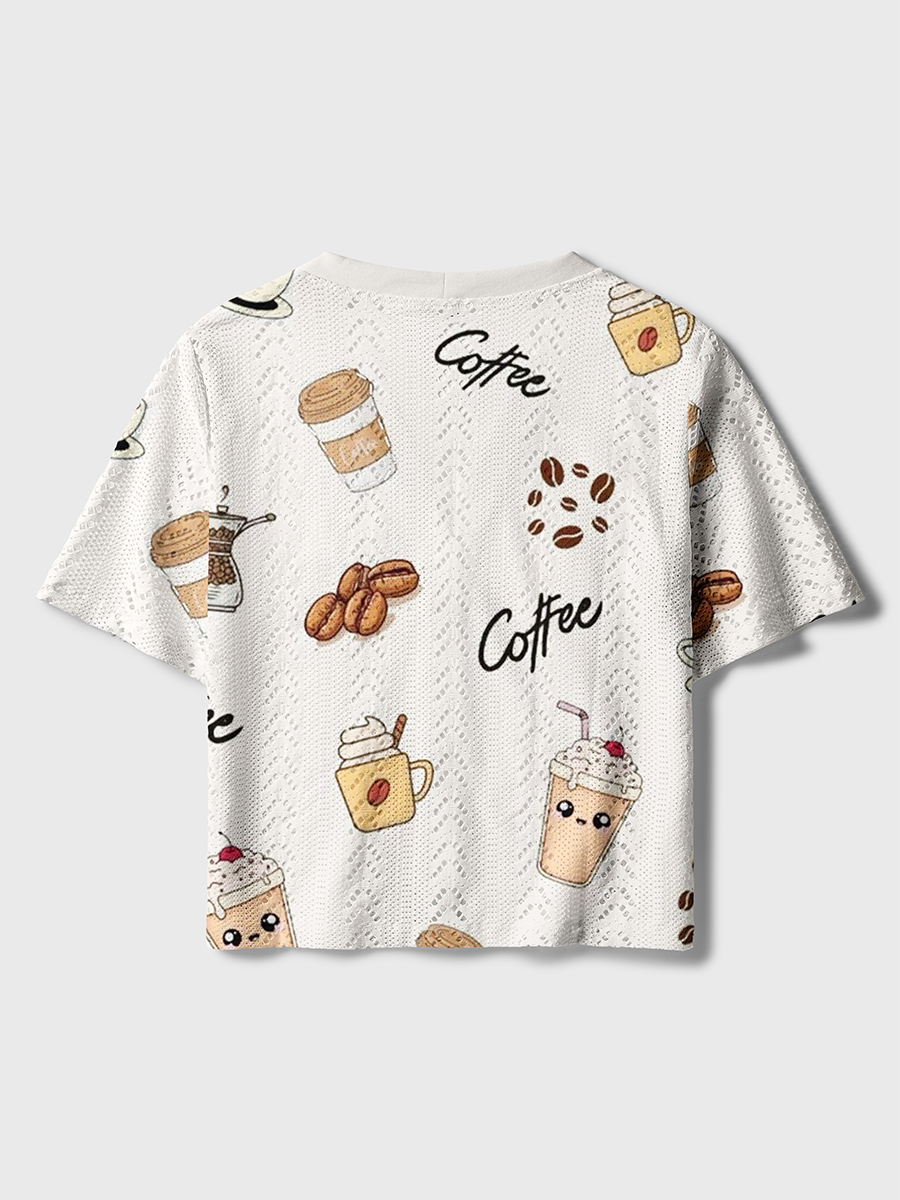 Beige Kawaii Cartoon Coffee Cup Crochet Button Down Cardigan