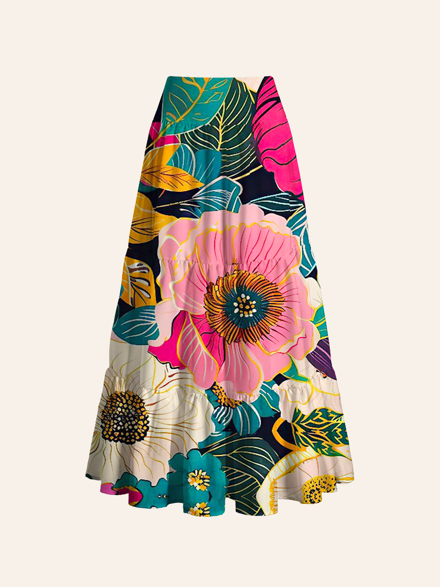 Vibrant Tropical Blooms Convertible Maxi Skirts