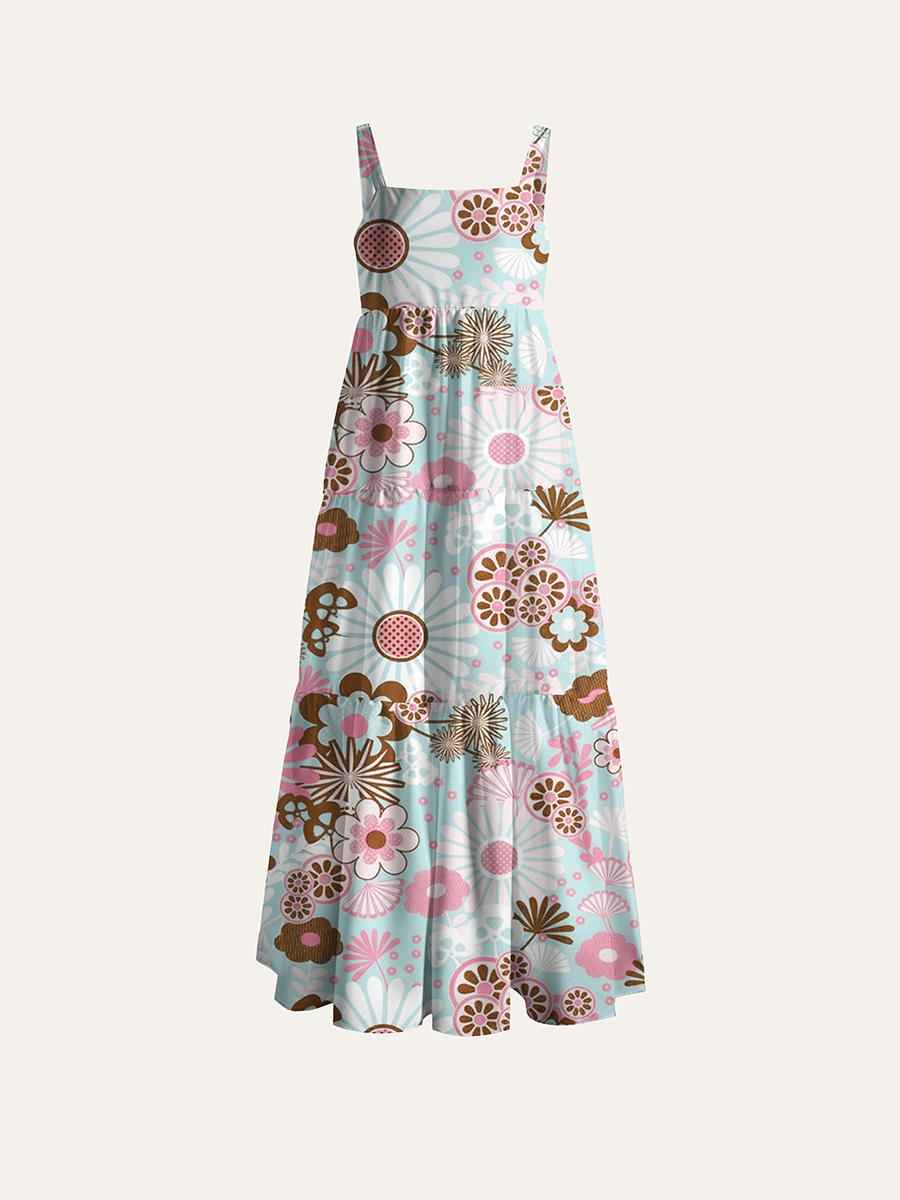Vintage Retro Daisy Floral Adjustable Wide Straps Maxi Dress