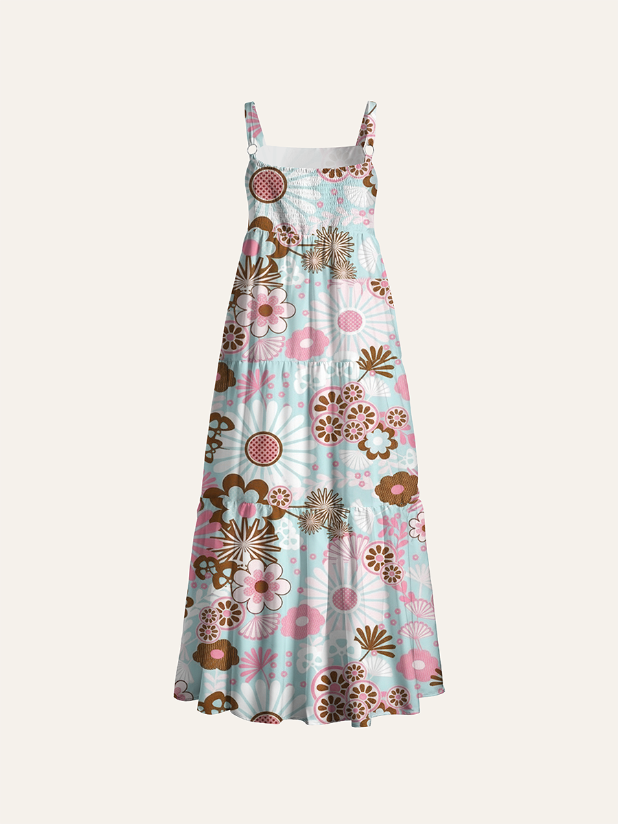 Vintage Retro Daisy Floral Adjustable Wide Straps Maxi Dress
