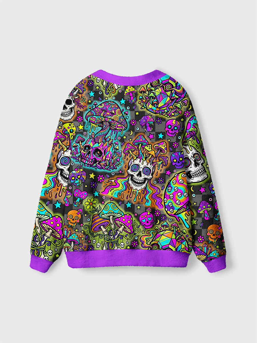 Vintage Psychedelic Pop Neon Mushrooms And Skulls Cardigan Sweaters