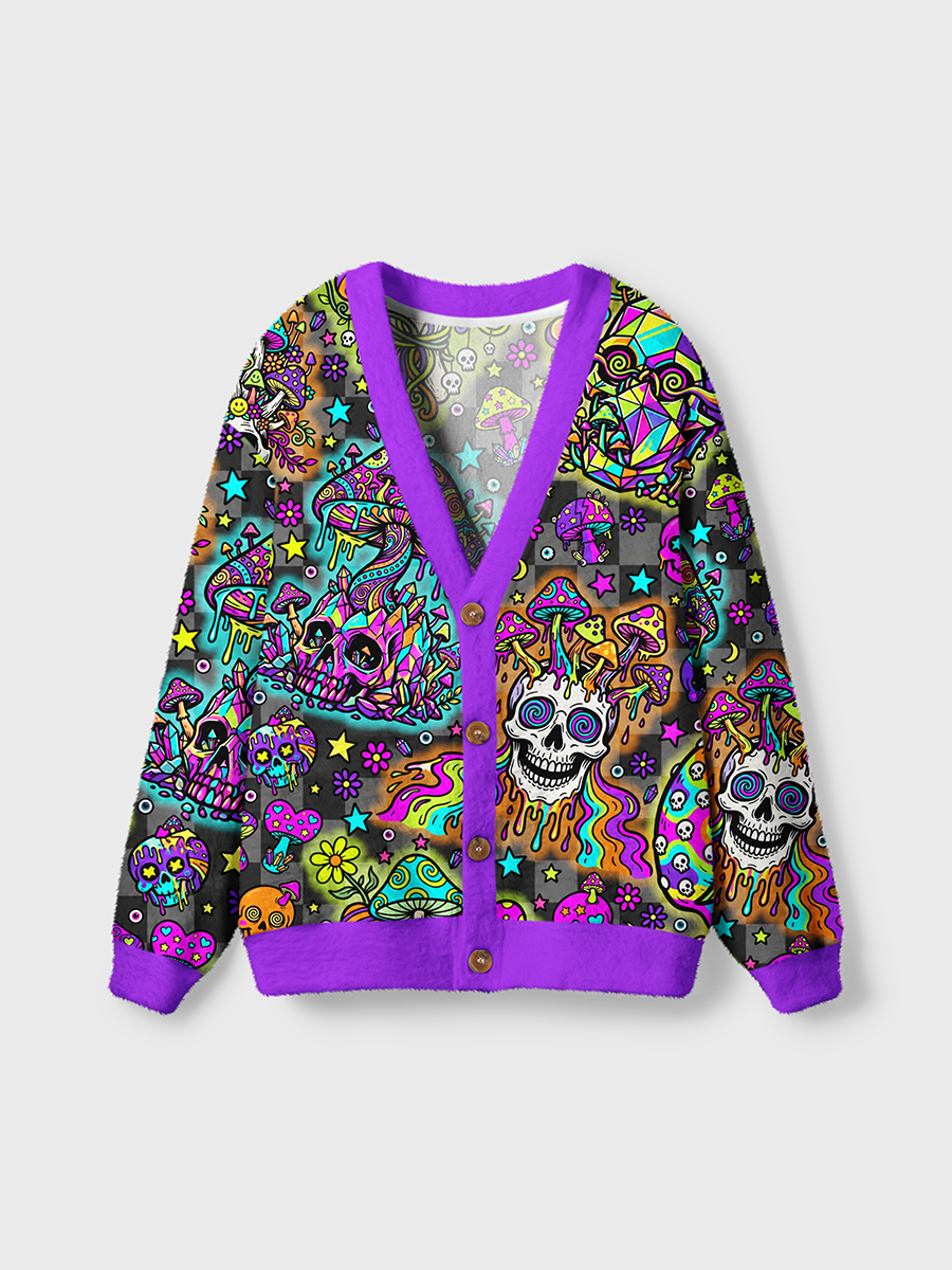 Vintage Psychedelic Pop Neon Mushrooms And Skulls Cardigan Sweaters