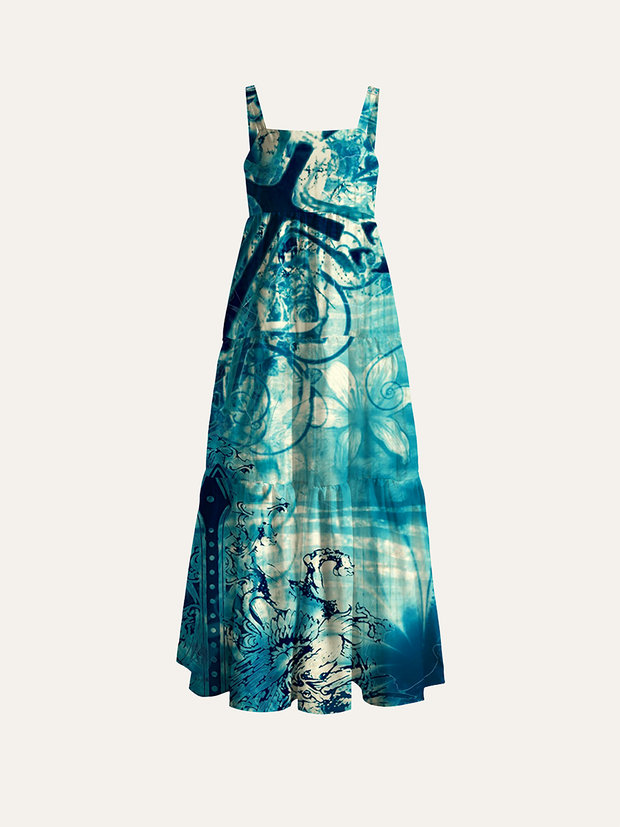 Vintage Teal Grunge Goth Cross Floral Texture Adjustable Wide Straps Maxi Dress