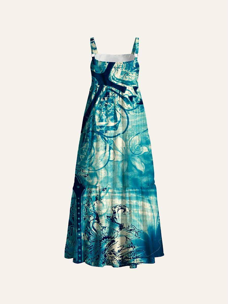 Vintage Teal Grunge Goth Cross Floral Texture Adjustable Wide Straps Maxi Dress