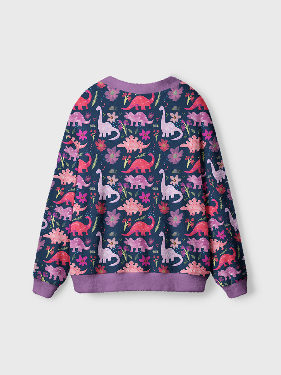 Vintage Watercolor Dinosaurs and Lush Floral Leaves Cardigan Sweaters