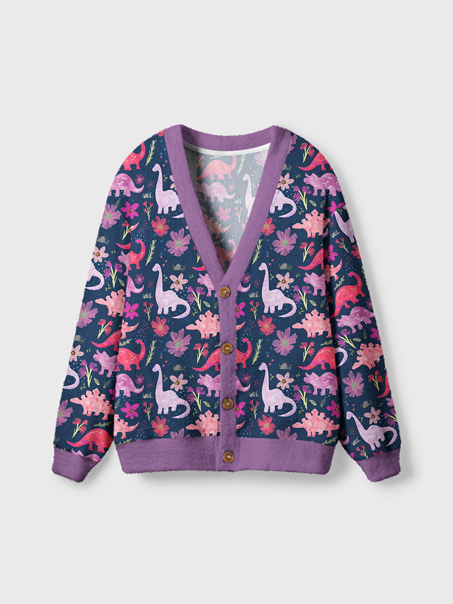 Vintage Watercolor Dinosaurs and Lush Floral Leaves Cardigan Sweaters