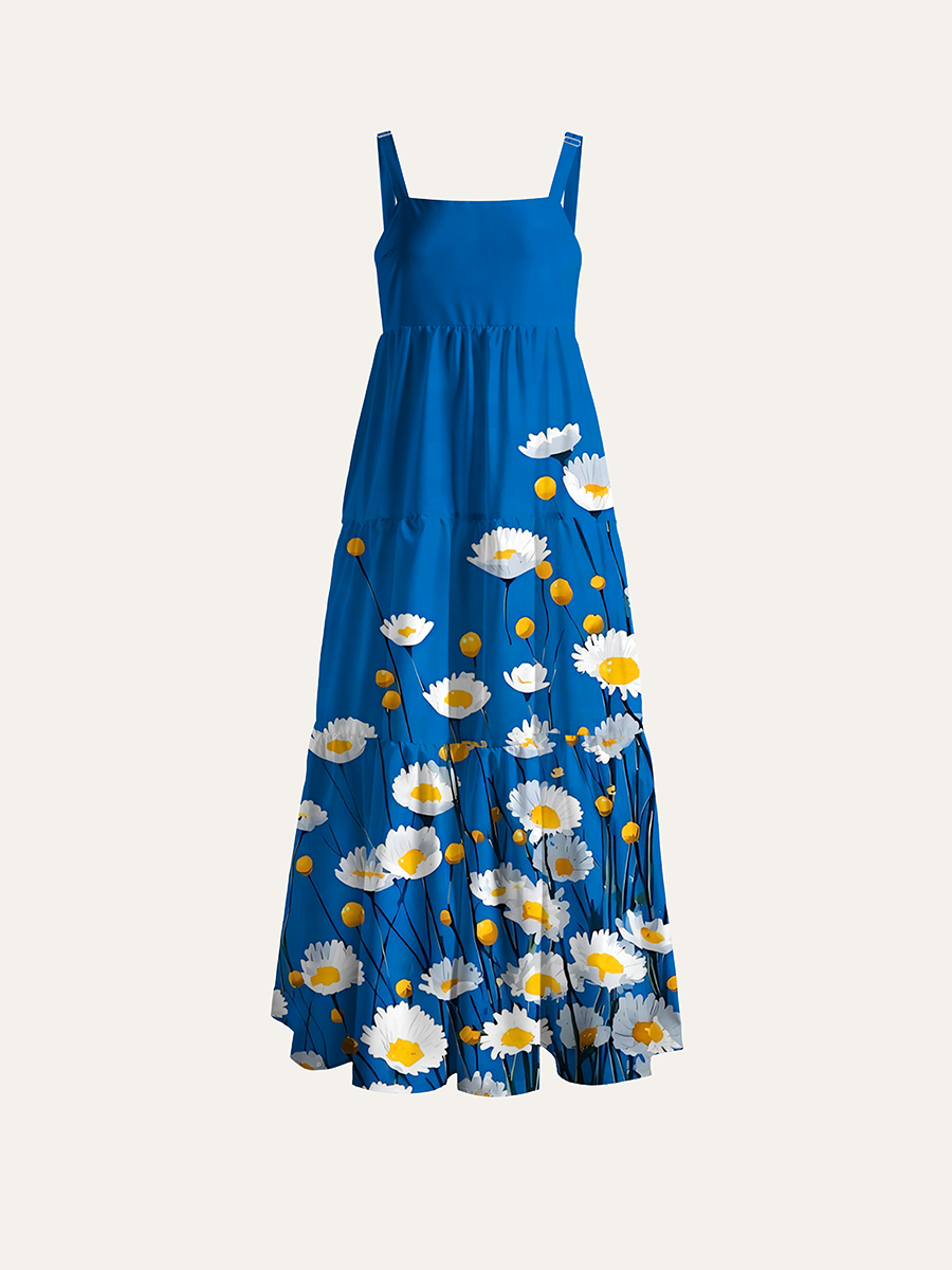 White Chamomile Blooms Adjustable Wide Straps Maxi Dress