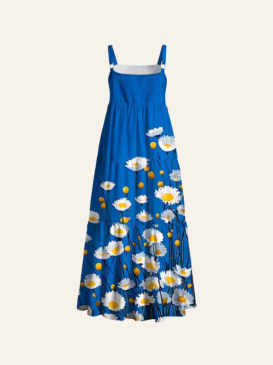 White Chamomile Blooms Adjustable Wide Straps Maxi Dress