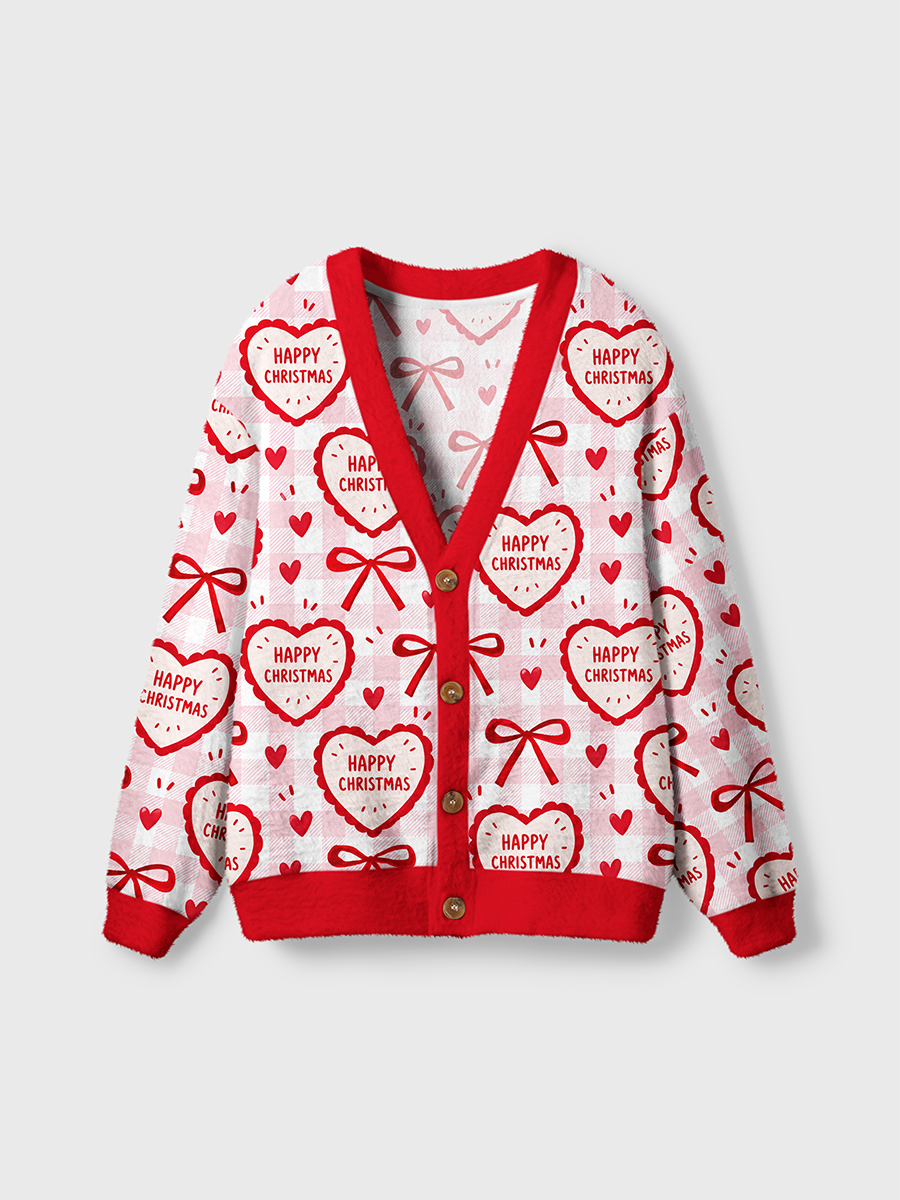 Vintage Happy Christmas Heart-Shaped Candies and Bows Cardigan Sweaters