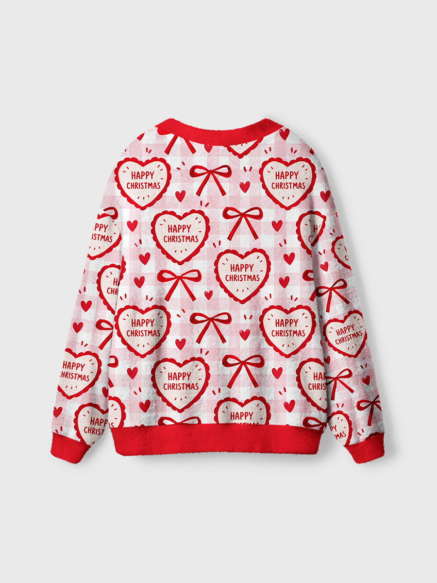 Vintage Happy Christmas Heart-Shaped Candies and Bows Cardigan Sweaters