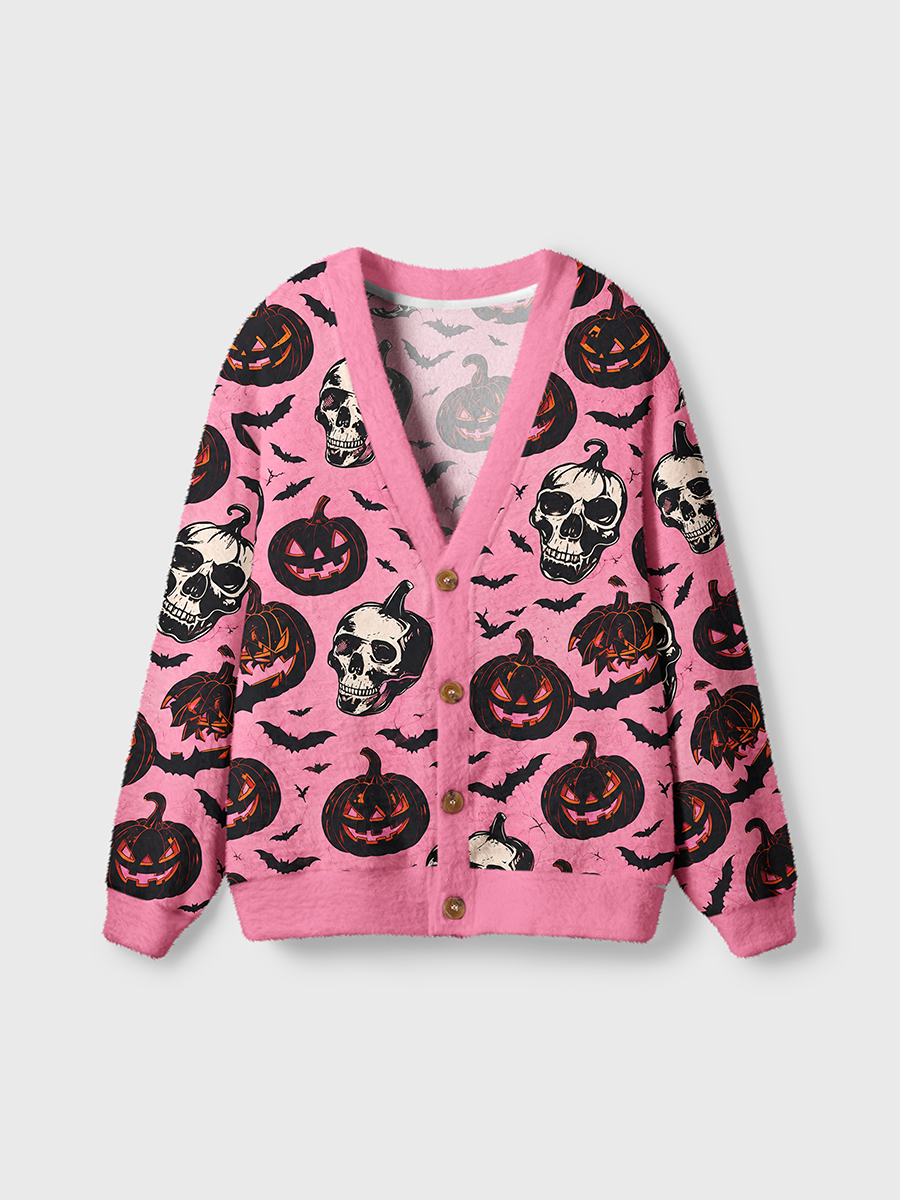 Vintage Halloween Quirky Skulls, Jack-o'-Lanterns, and Bats Cardigan Sweaters