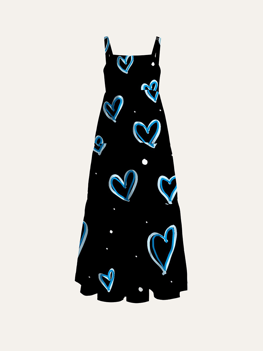 Heart Doodle Adjustable Wide Straps Maxi Dress