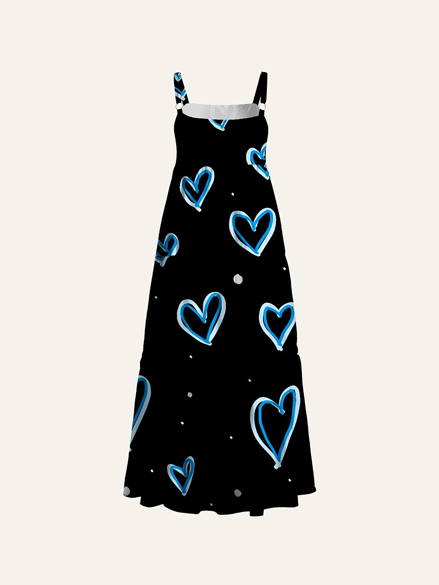 Heart Doodle Adjustable Wide Straps Maxi Dress