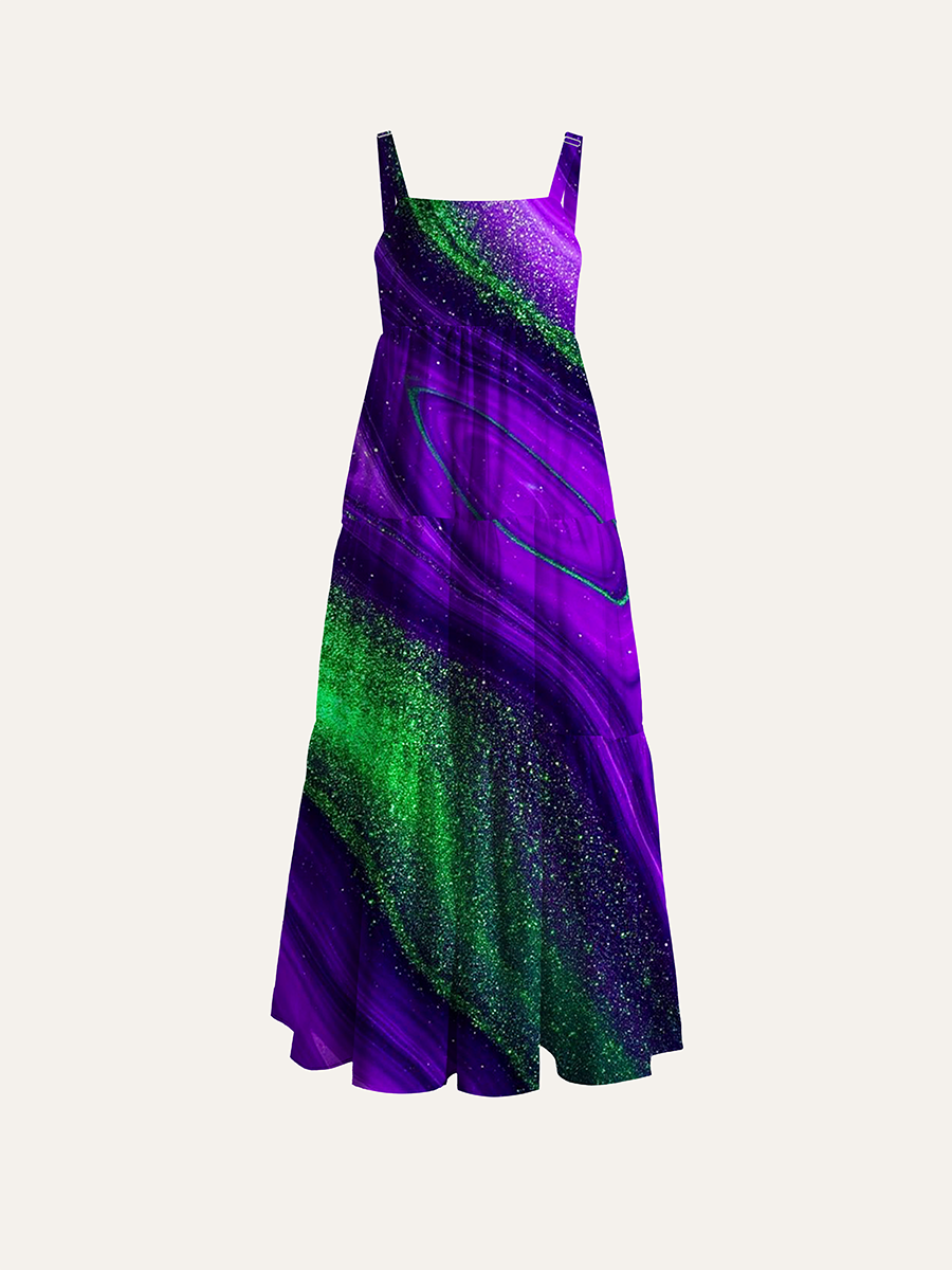 Purple Green Glitter Liquid Marble Swirl Adjustable Wide Straps Maxi Dress