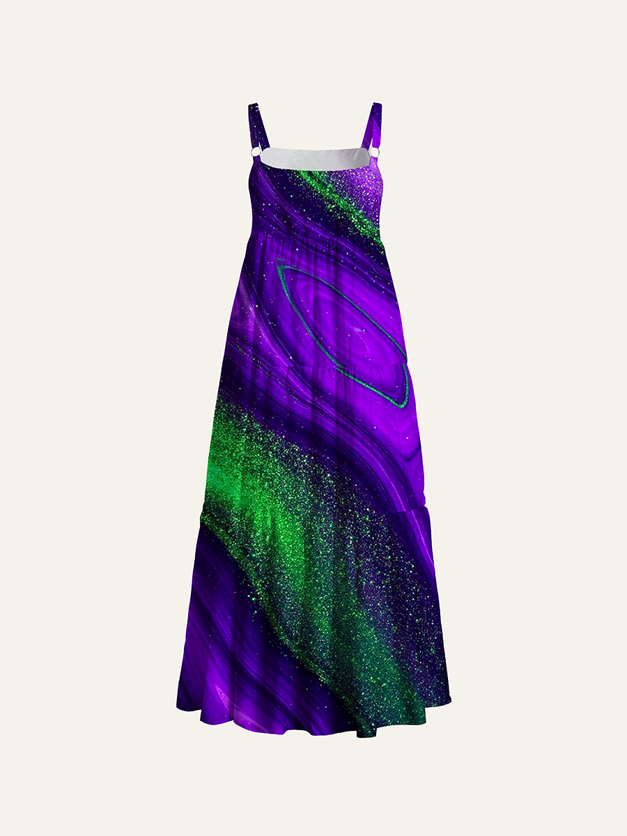 Purple Green Glitter Liquid Marble Swirl Adjustable Wide Straps Maxi Dress