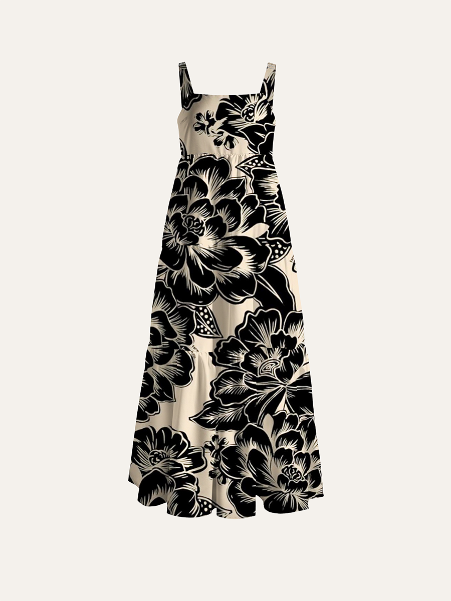 Vintage Black Line Peony Adjustable Wide Straps Maxi Dress