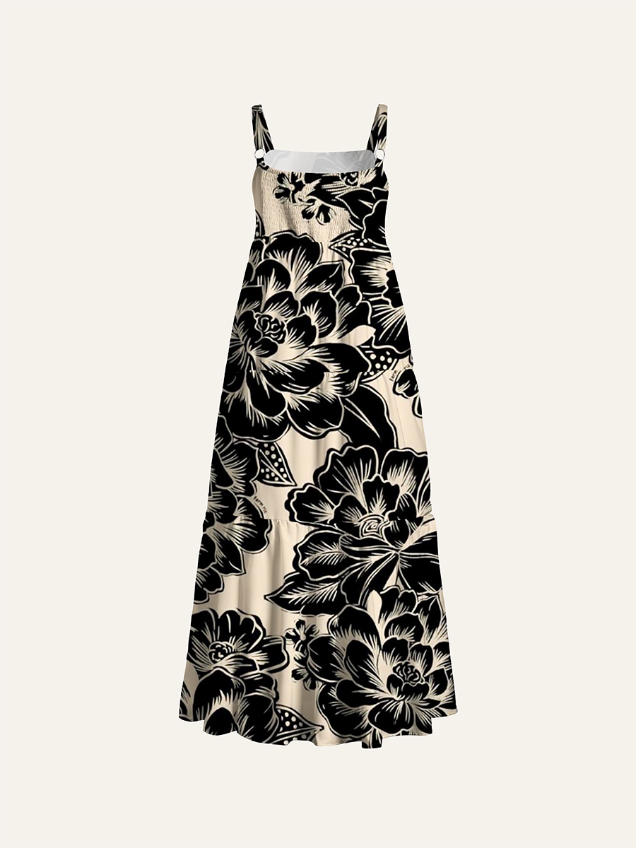 Vintage Black Line Peony Adjustable Wide Straps Maxi Dress