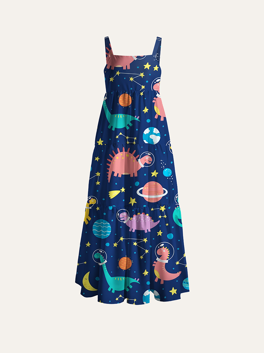 Cute Pastel Dino With Bubble Space Adjustable Wide Straps Maxi Dress
