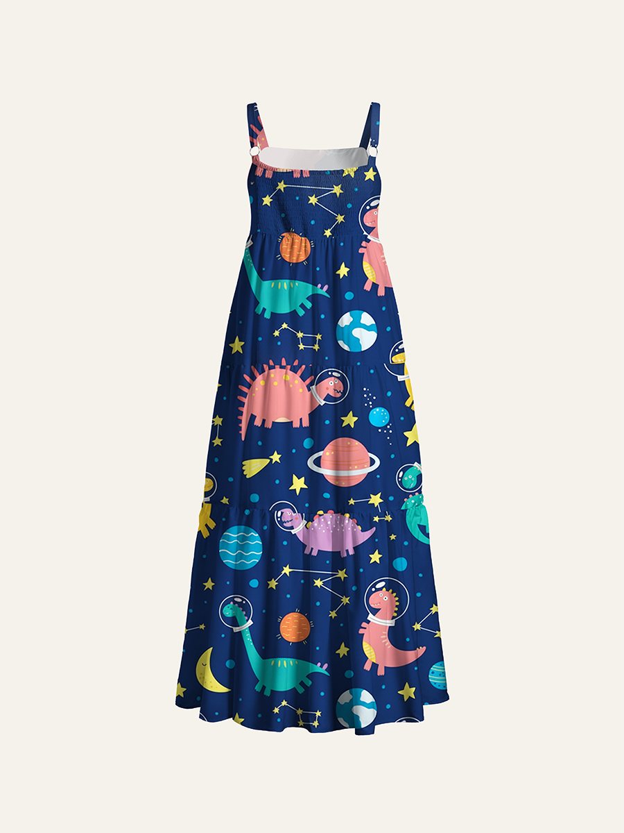 Cute Pastel Dino With Bubble Space Adjustable Wide Straps Maxi Dress