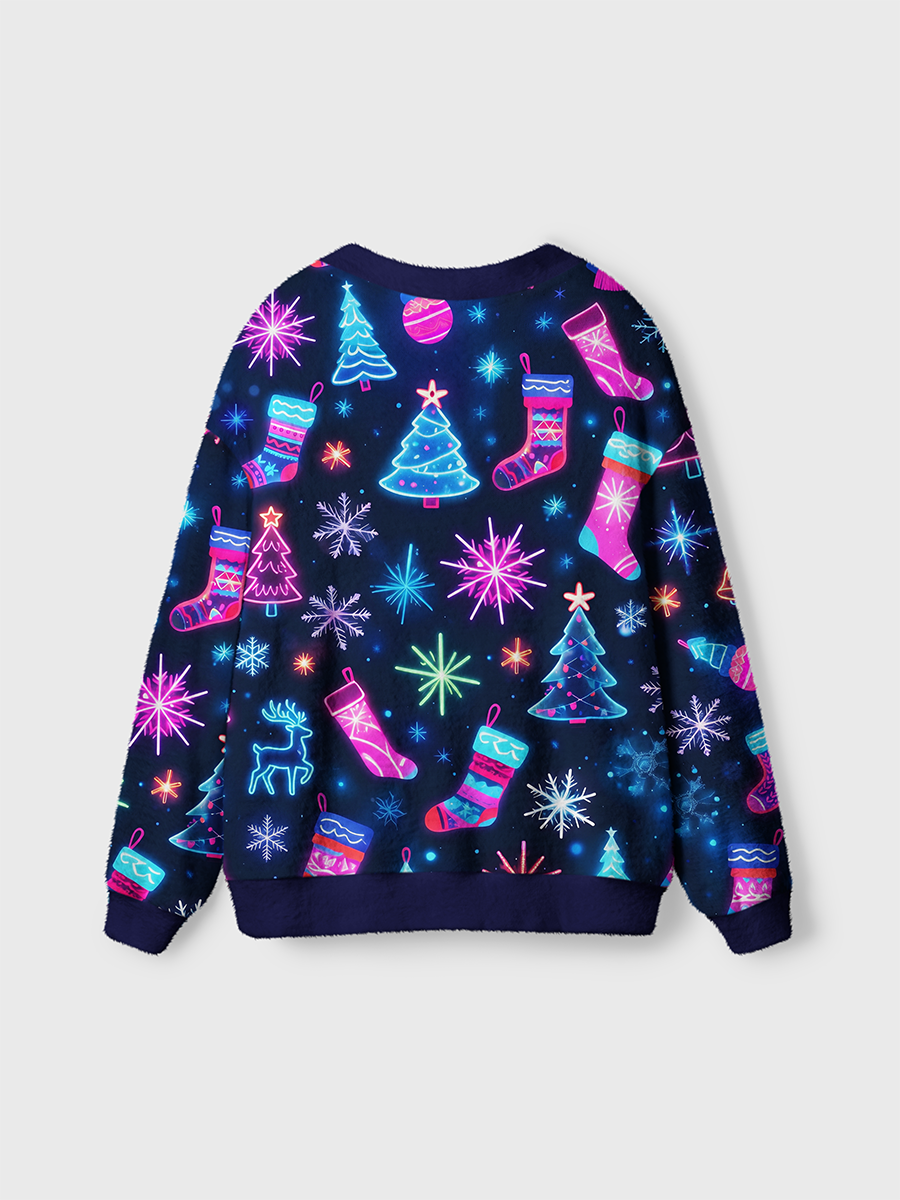 Vintage Neon Christmas Trees, Stockings, and Snowflakes Cardigan Sweaters