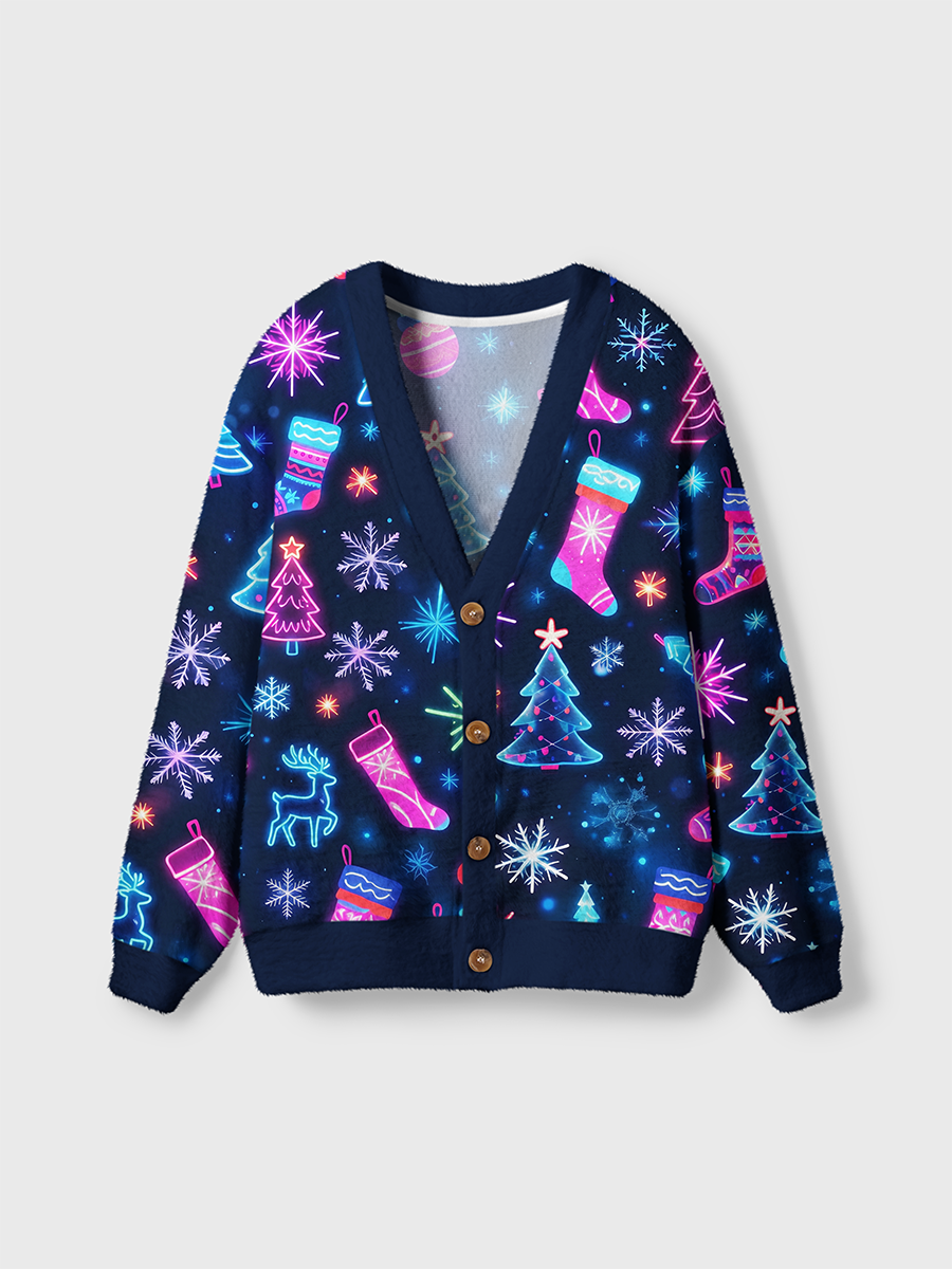 Vintage Neon Christmas Trees, Stockings, and Snowflakes Cardigan Sweaters
