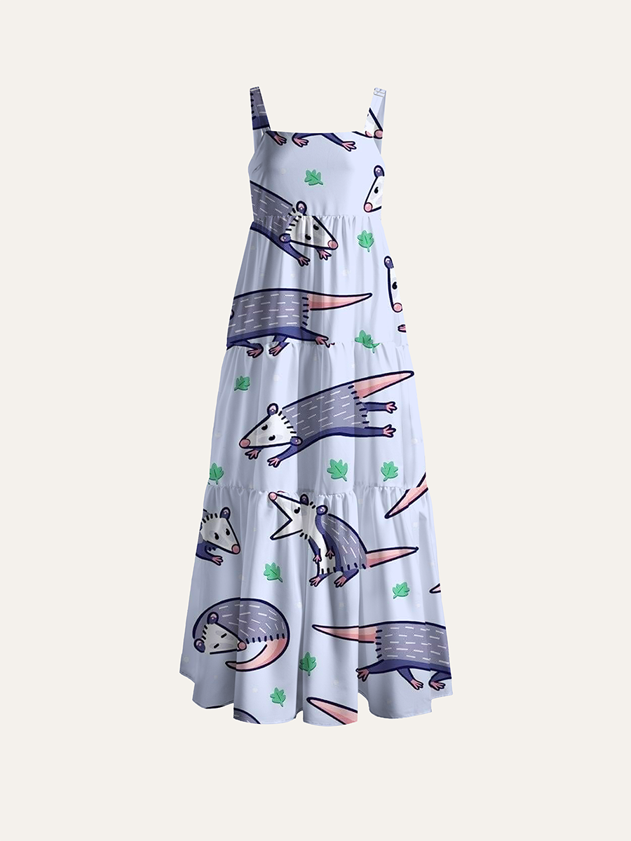 Cartoon Opossum Adjustable Wide Straps Maxi Dress