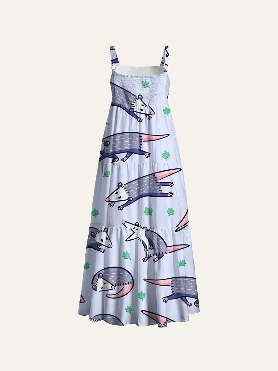 Cartoon Opossum Adjustable Wide Straps Maxi Dress