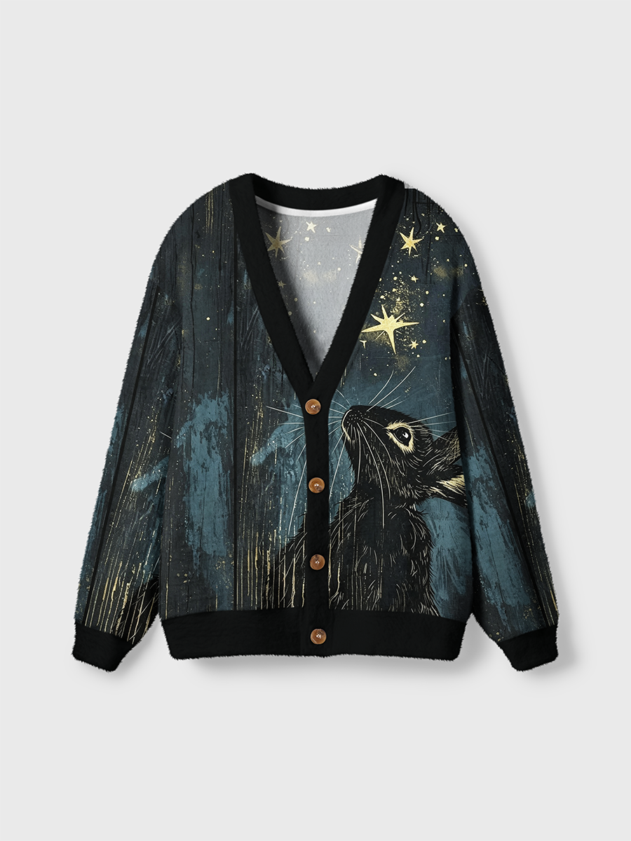 Vintage Black Rabbit Stargazing Retro Cardigan Sweaters