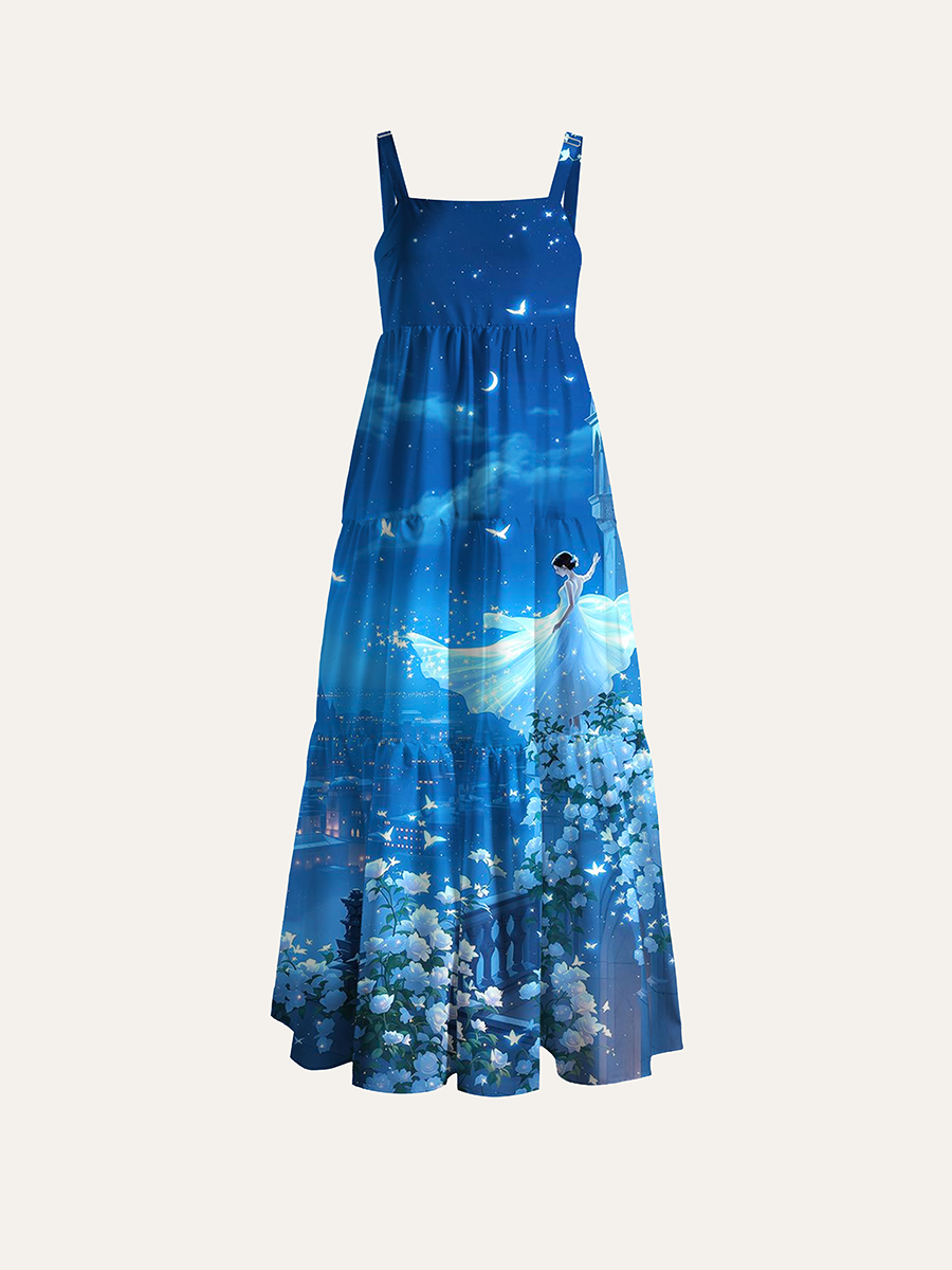 Dreamy Blue Night Castle Girl Adjustable Wide Straps Maxi Dress
