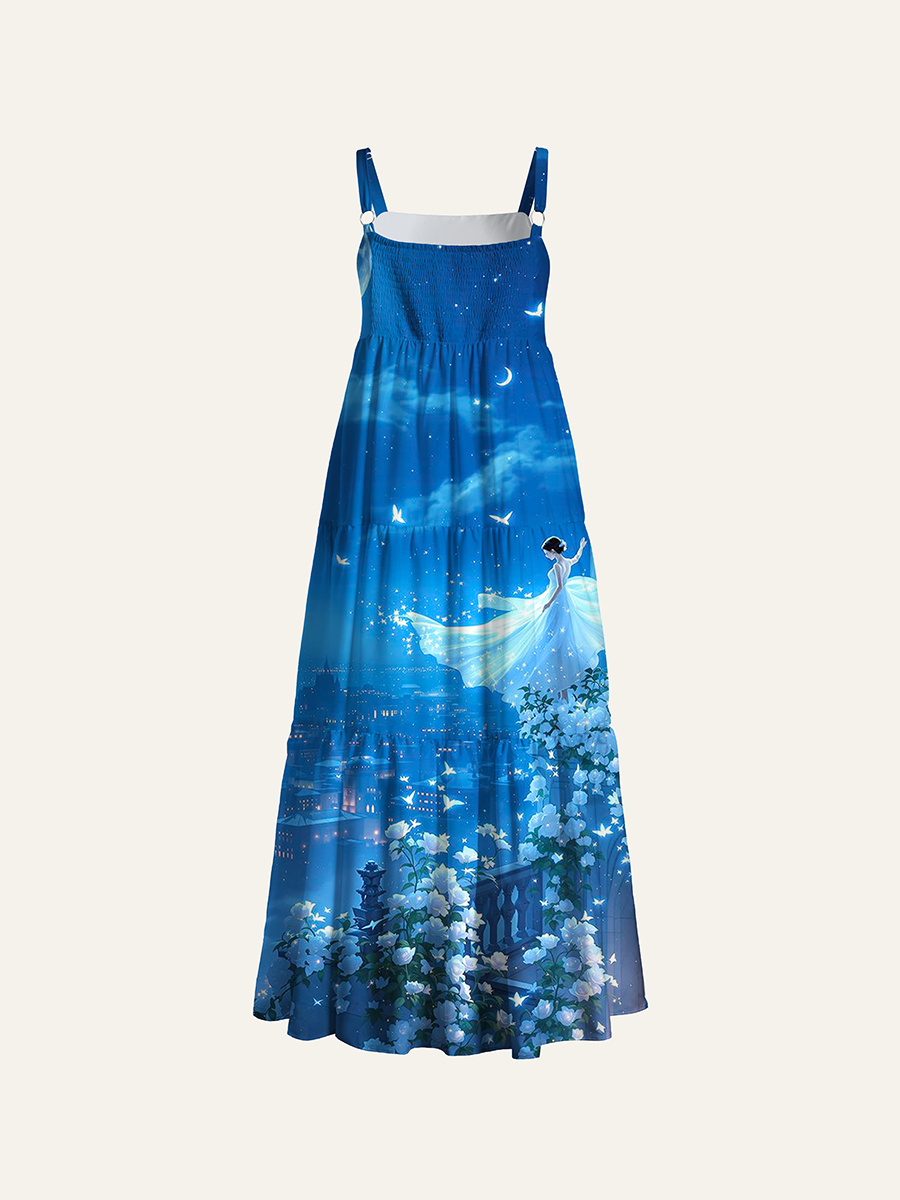 Dreamy Blue Night Castle Girl Adjustable Wide Straps Maxi Dress